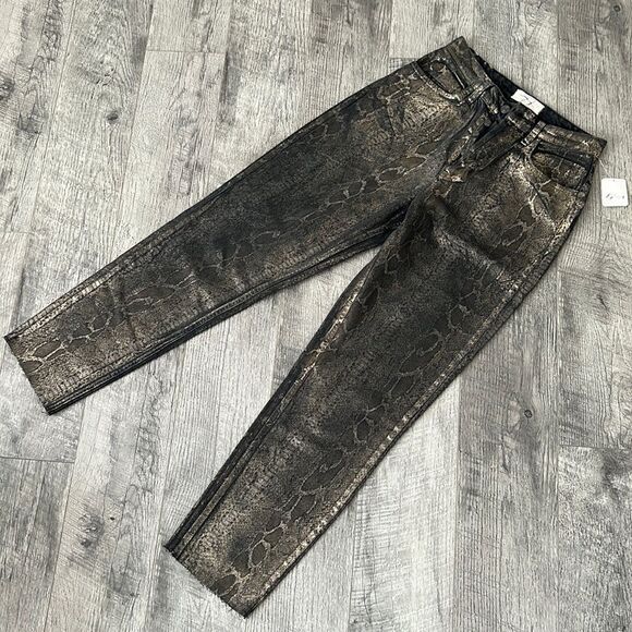 Free people black metallic animal snake print high waist jeans Sz 27 new - Picture 1 of 11